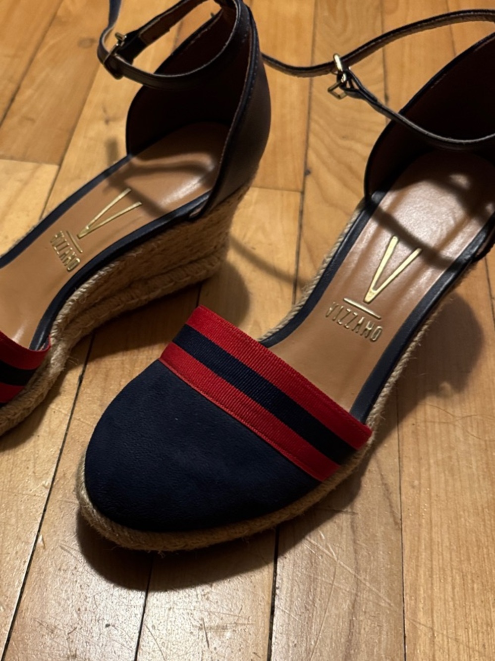 Size 8 Navy suede Espadrille Wedge ankle strap Size 37 Vizzano Brand